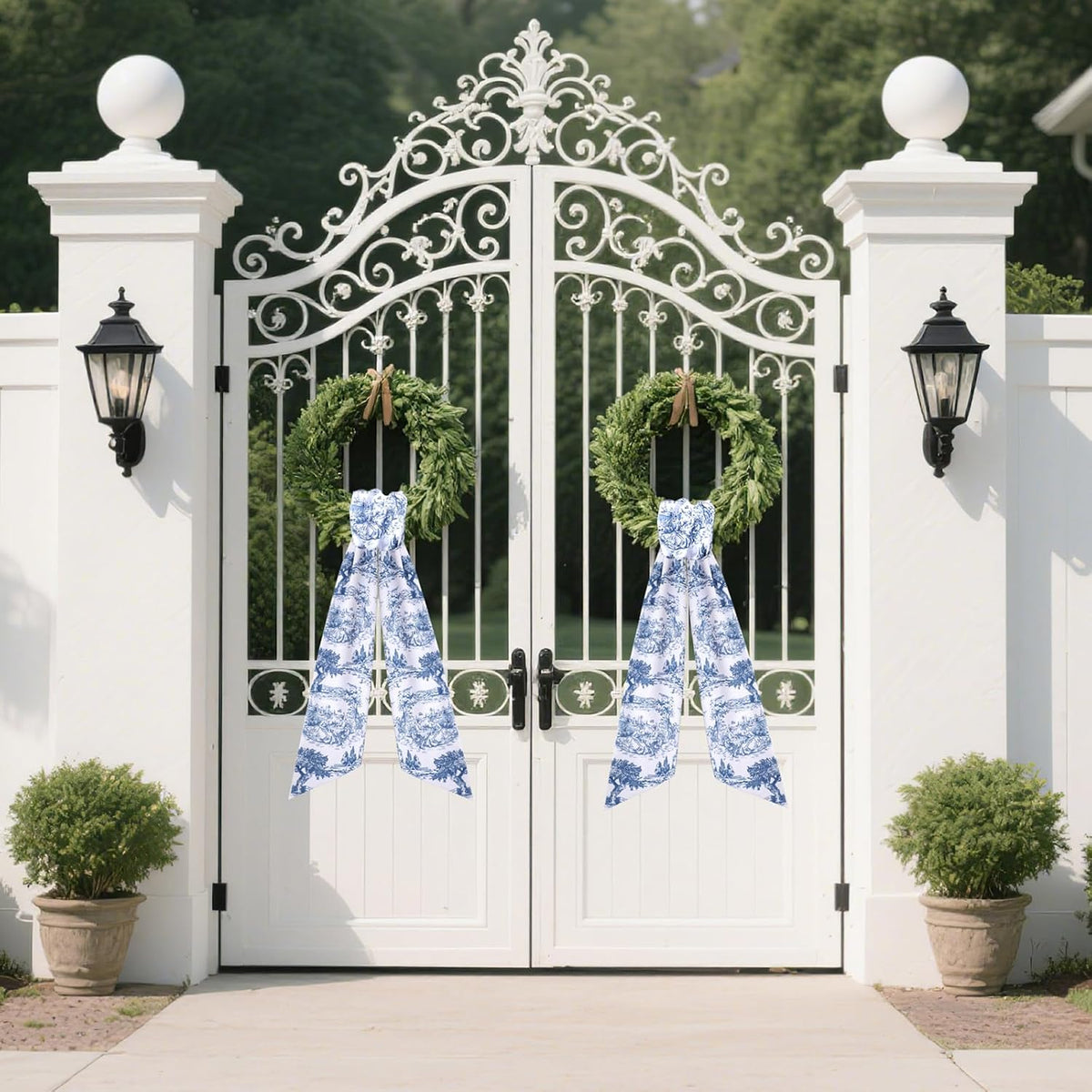 Blue French Toile Wreath Sash, Set of 2