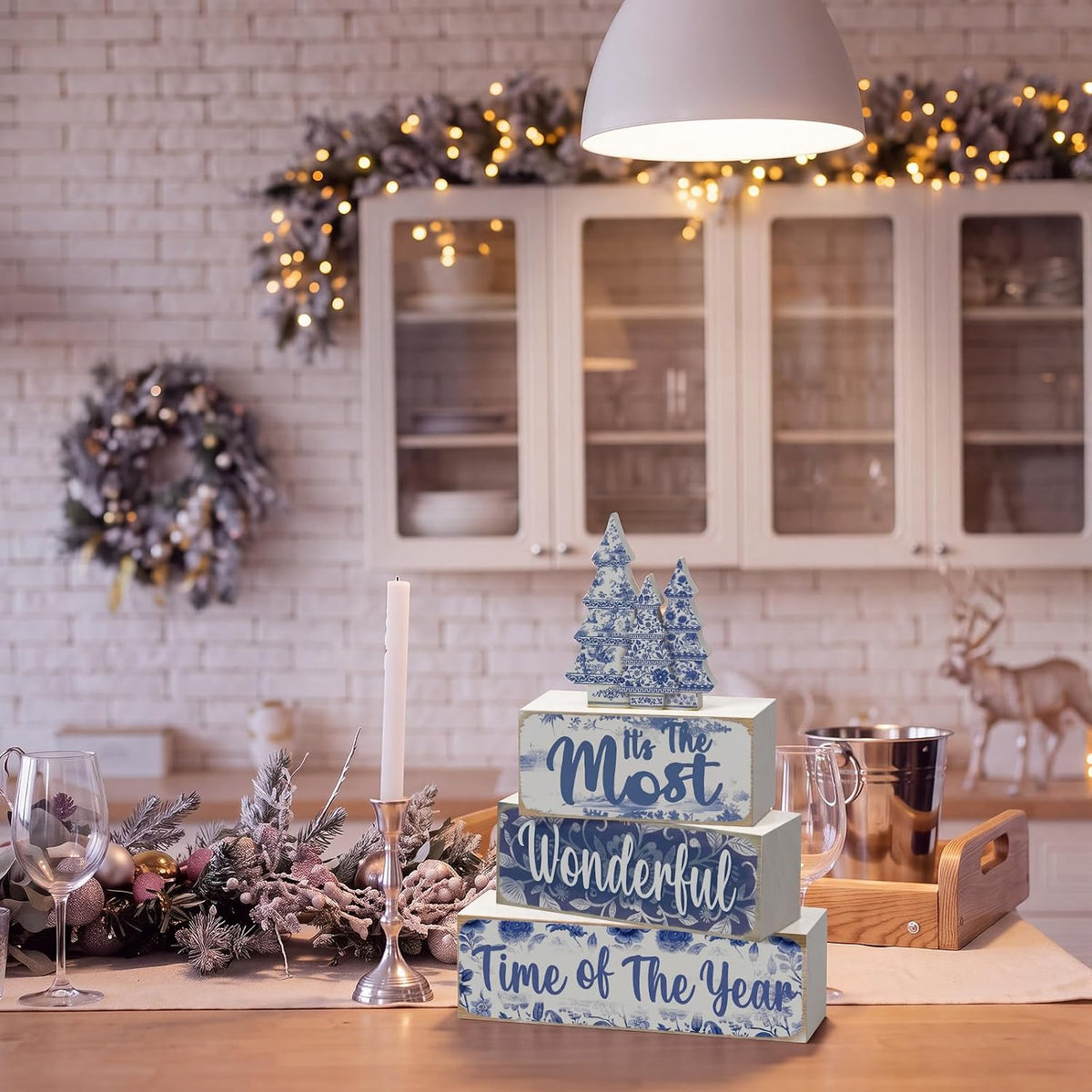 Blue and White Christmas Wood Block Signs, Set of 4