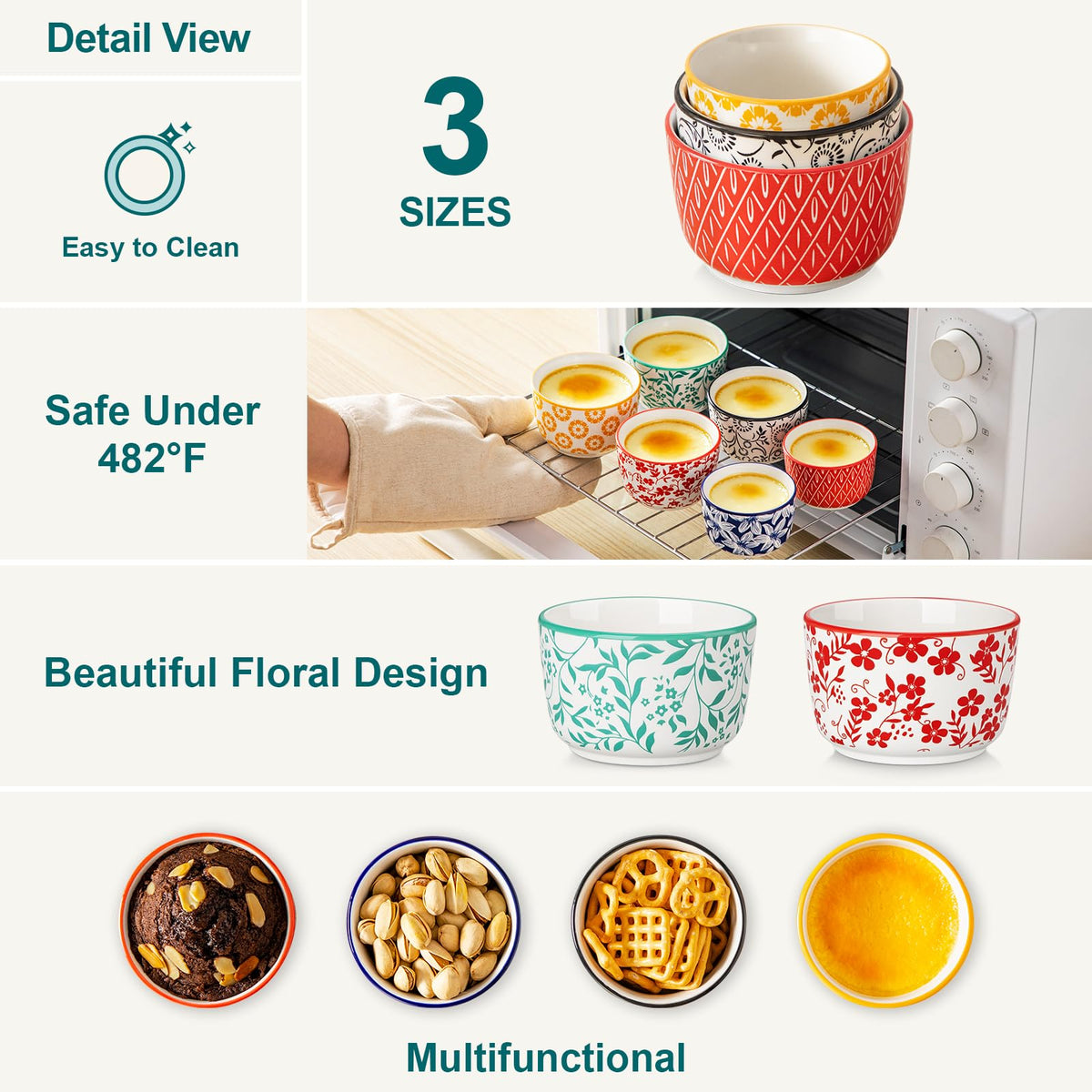Floral Ceramic Ramekins, Set of 6