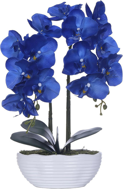 Faux Orchid in Navy Ribbed Ceramic Pot