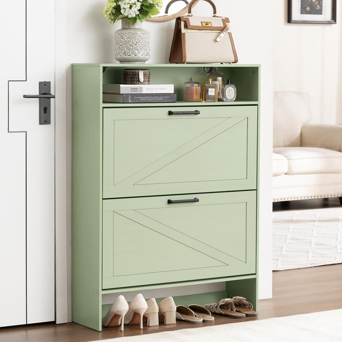 Blue Narrow Shoe Cabinet with 2 Flip Drawers