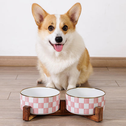 Blue and White Checkered Ceramic Dog Bowls