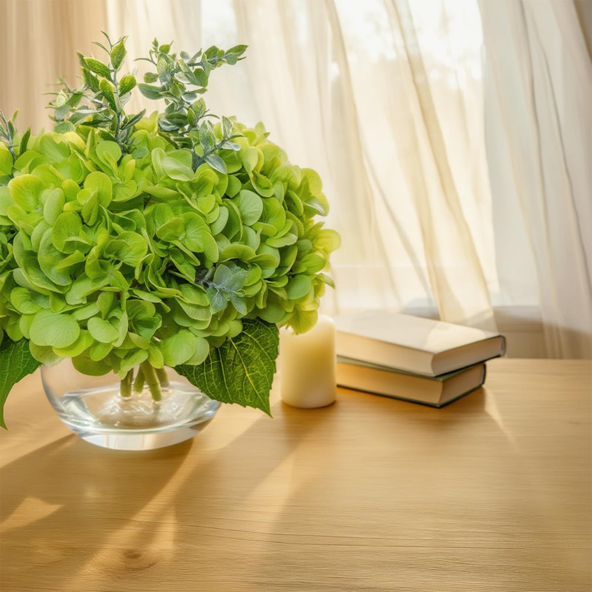 Blue Faux Hydrangea Arrangement in Glass Vase