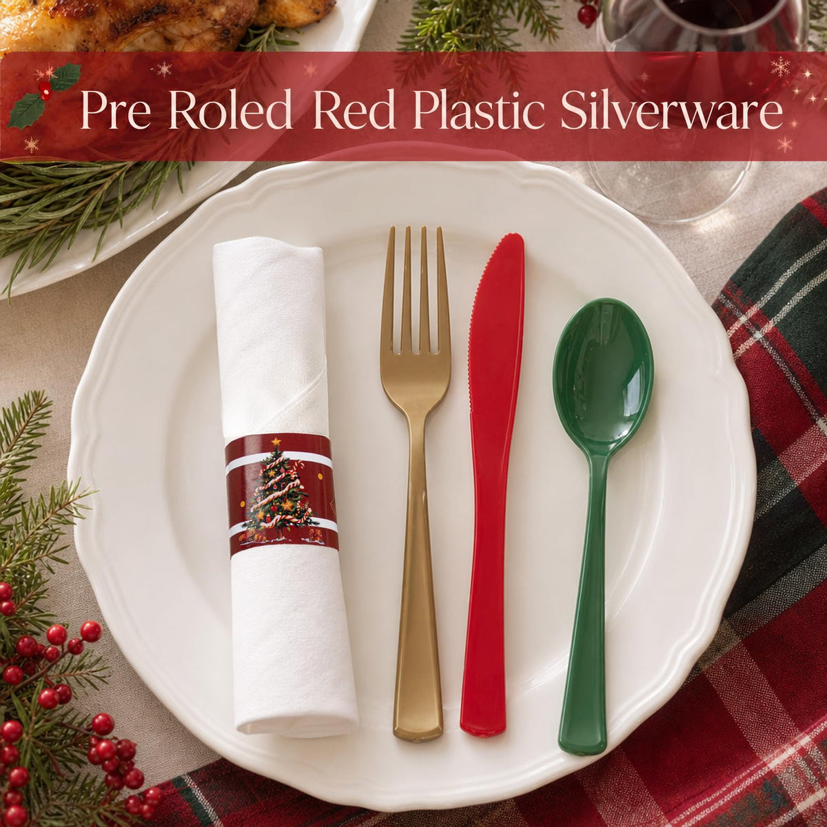Pre-Rolled Blue Plastic Cutlery with Napkins, 100 Pack