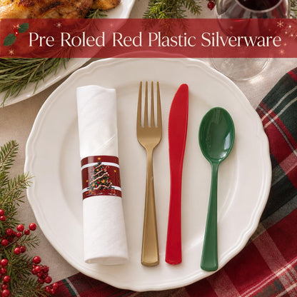 Pre-Rolled Blue Plastic Cutlery with Napkins, 100 Pack