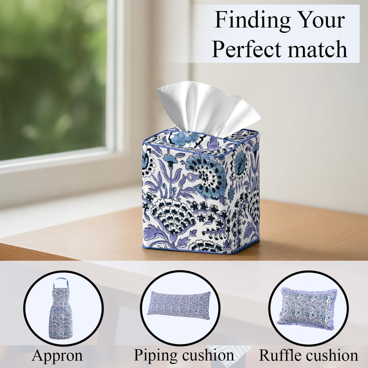 Block Print Cotton Tissue Box Cover, Apatite Blue