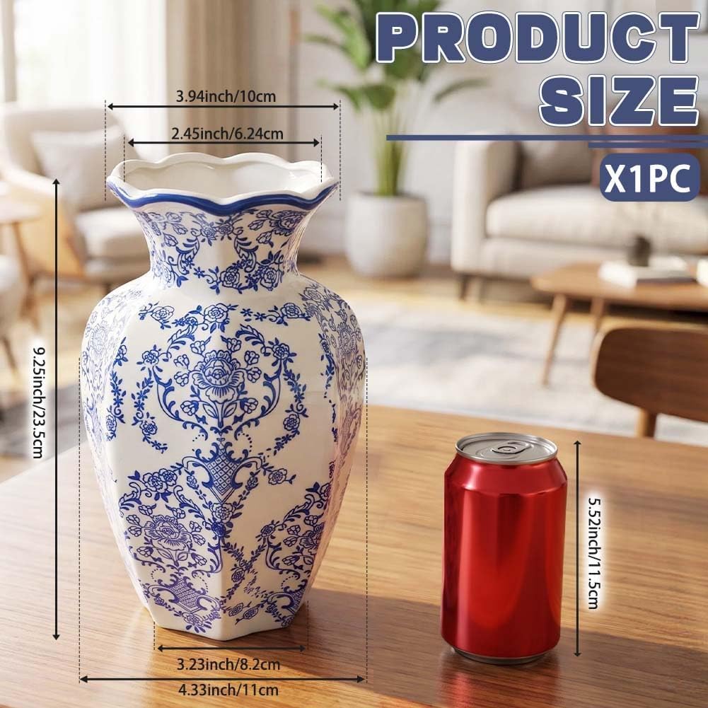 Blue and White Octagon Ceramic Vase, 2 Sizes