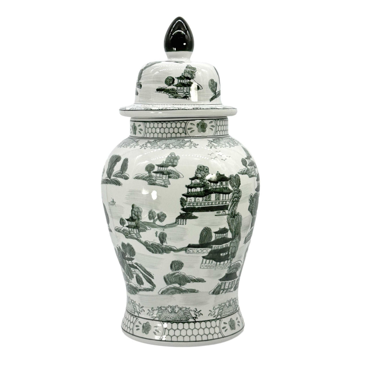 Large 25 Inch Blue and White Chinoiserie Temple Jar