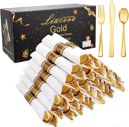 Pre-Rolled Blue Plastic Cutlery with Napkins, 100 Pack