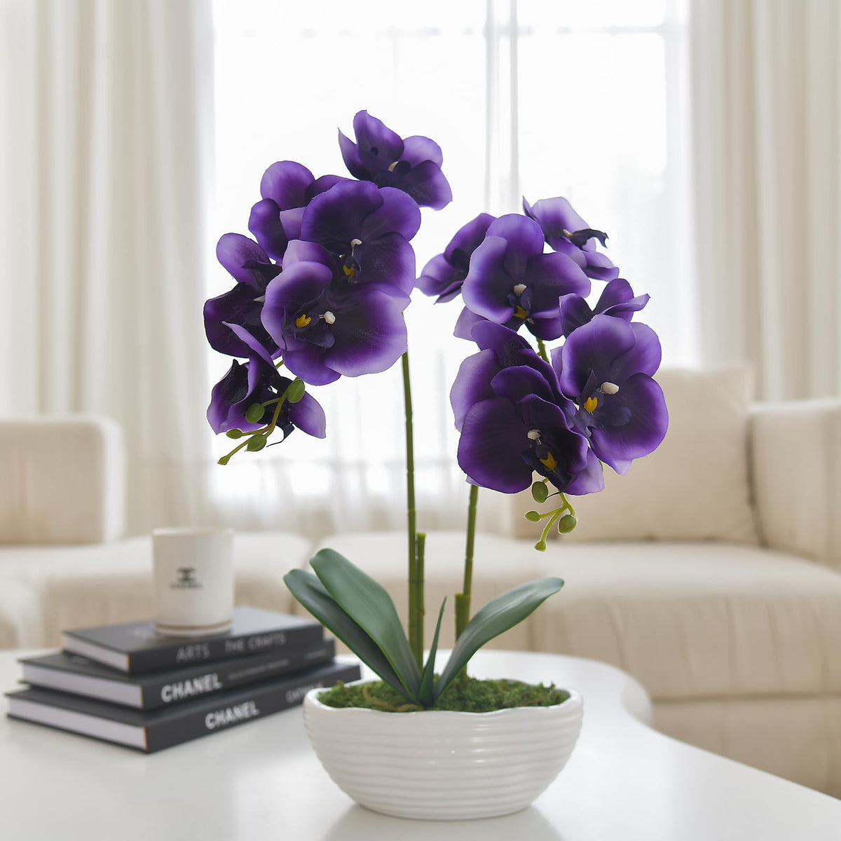 Faux Orchid in Navy Ribbed Ceramic Pot