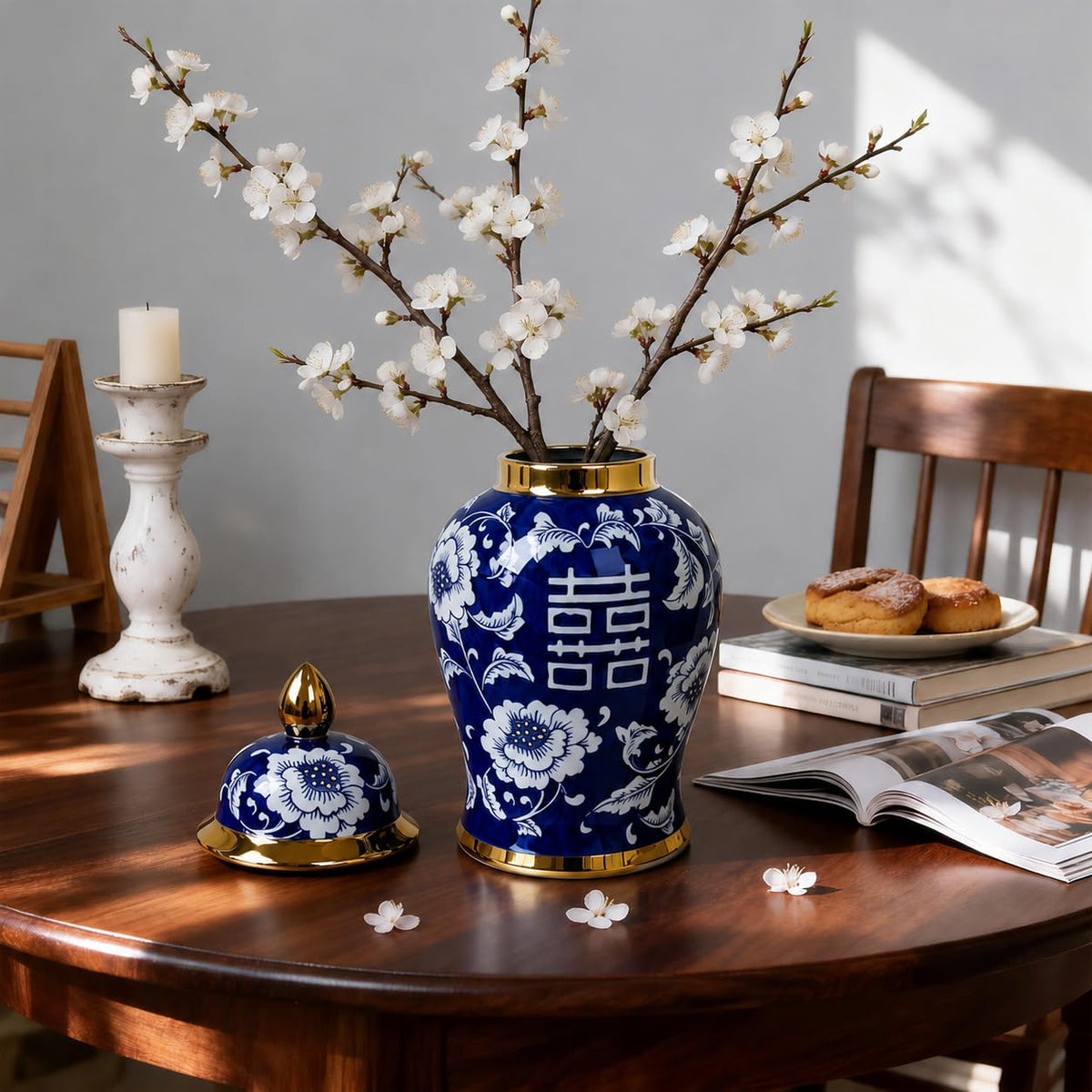 Blue and White Ginger Jar with Gold Trim, 14 Inch