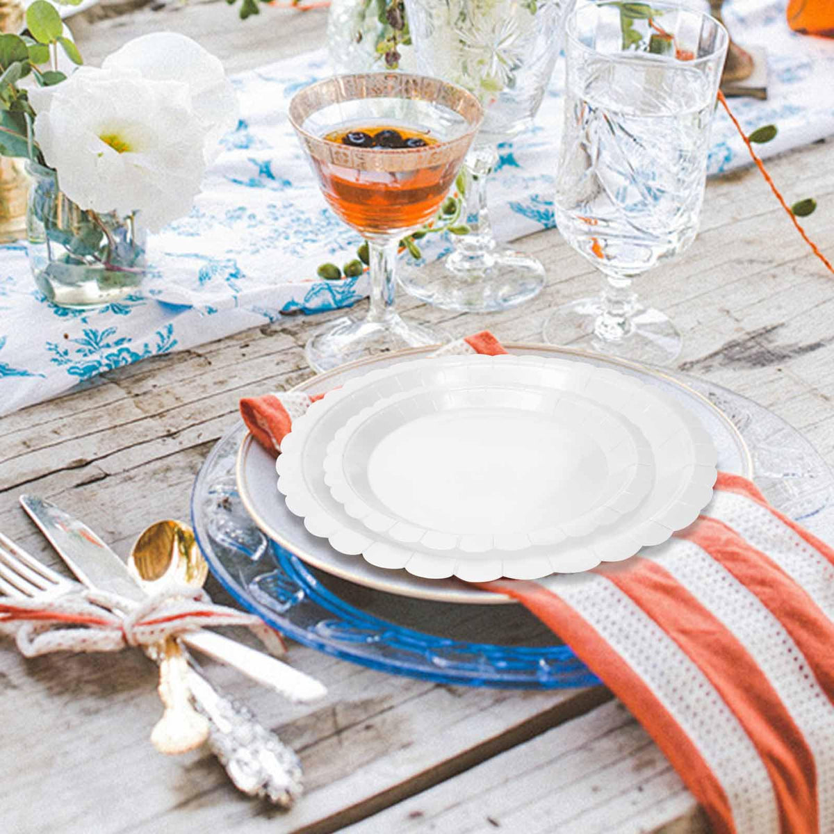 White Scalloped Paper Plates, Royal Blue Trim, 50 Pack