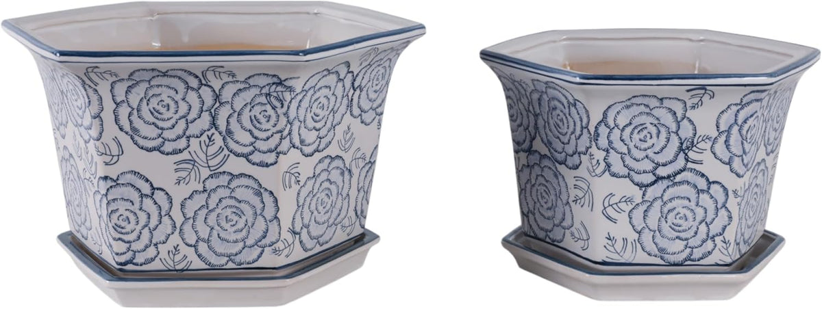 Blue and White Chinoiserie Planters with Saucers, Set of 2