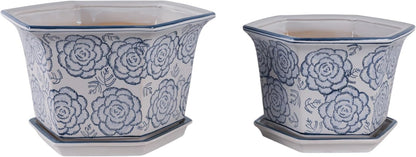 Blue and White Chinoiserie Planters with Saucers, Set of 2
