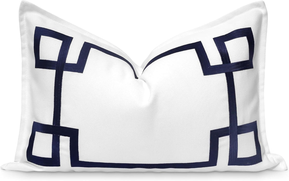 Navy Greek Key Outdoor Lumbar Pillow Cover, 12x20