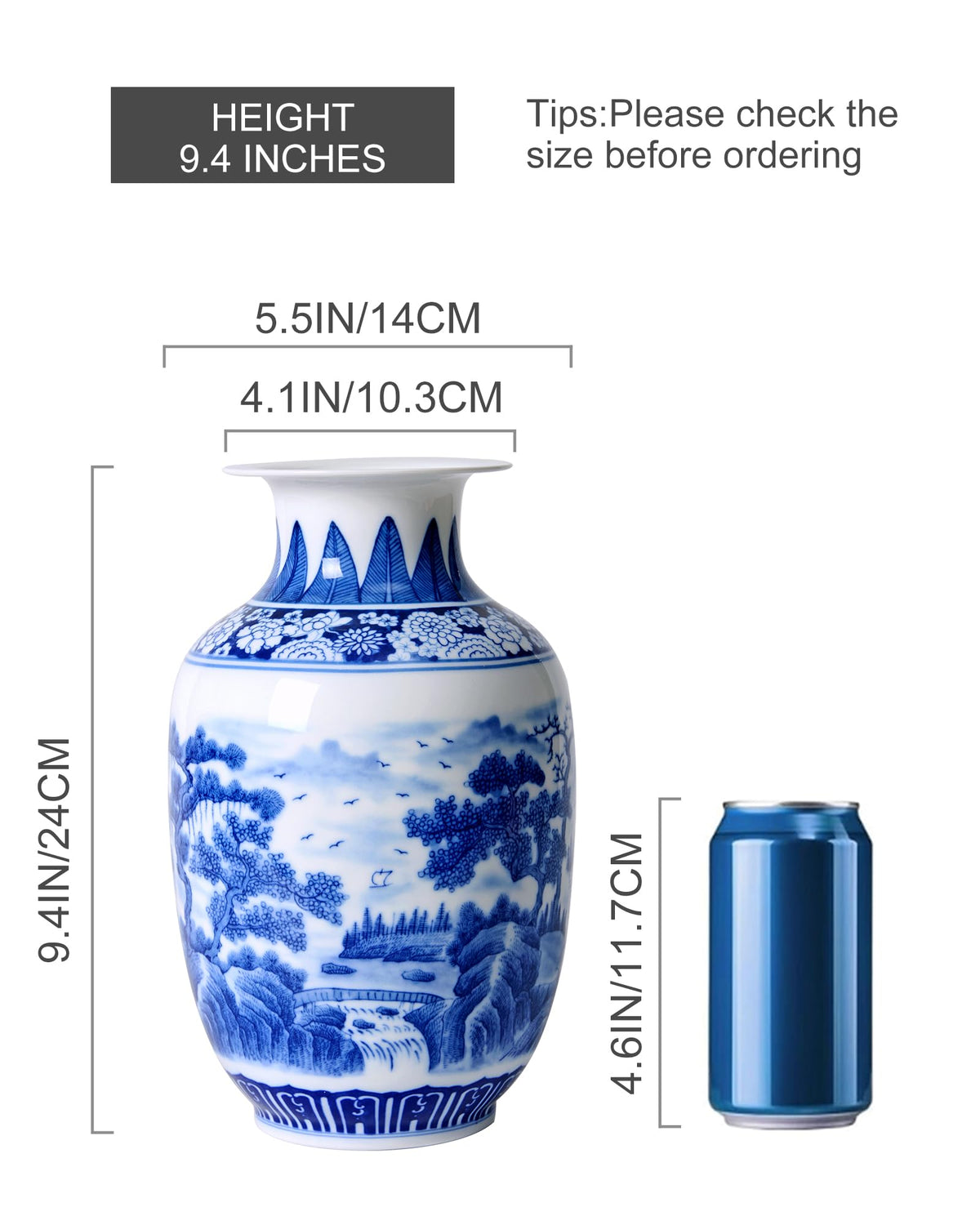 Blue and White Chinoiserie Vase, 8 or 9 Inch