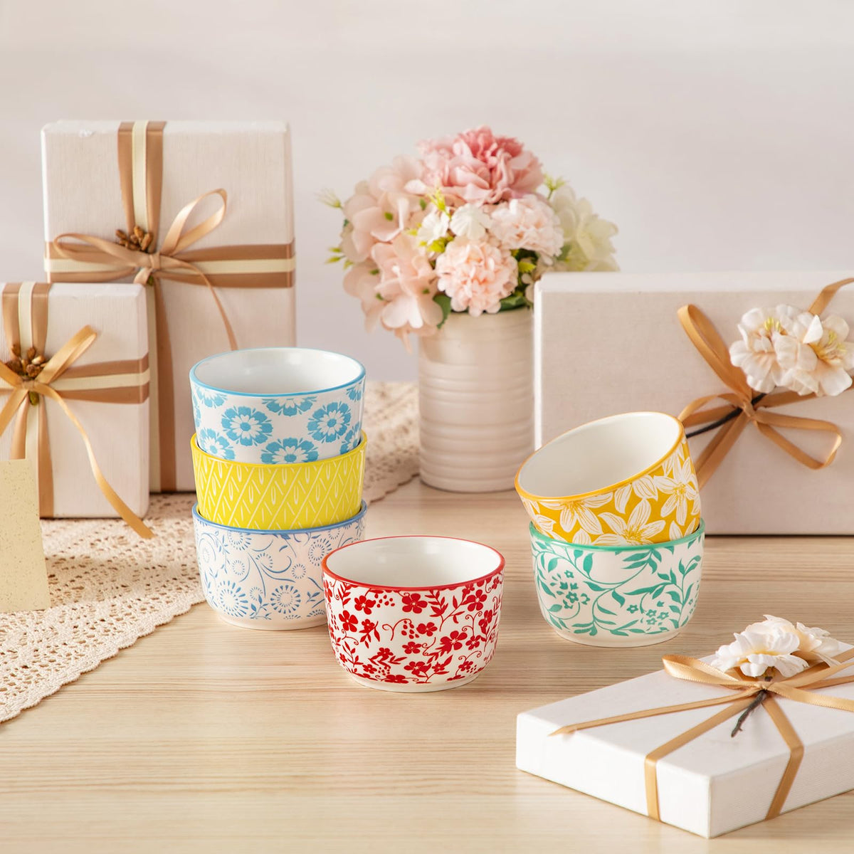 Floral Ceramic Ramekins, Set of 6