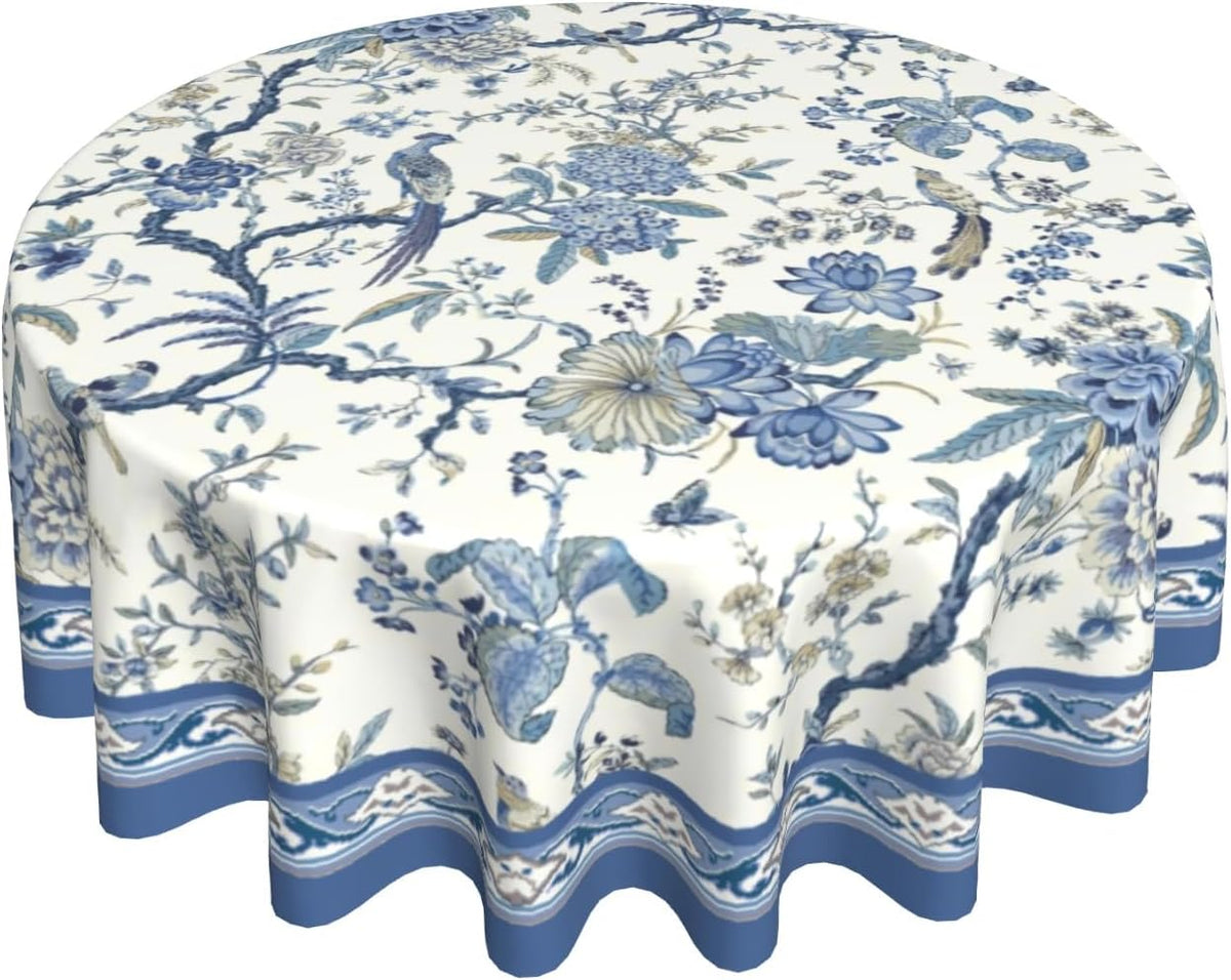 Blue and White Chinoiserie Round Tablecloth, 60 Inch