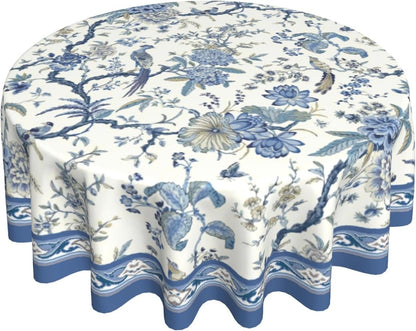 Blue and White Chinoiserie Round Tablecloth, 60 Inch