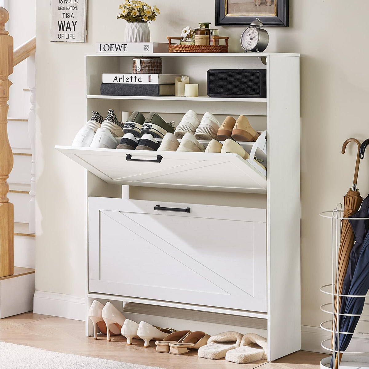 Blue Narrow Shoe Cabinet with 2 Flip Drawers