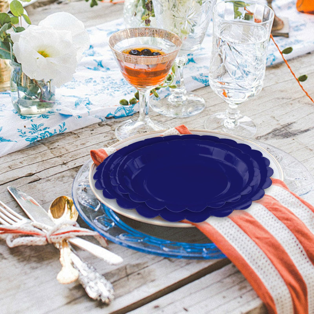 White Scalloped Paper Plates, Royal Blue Trim, 50 Pack