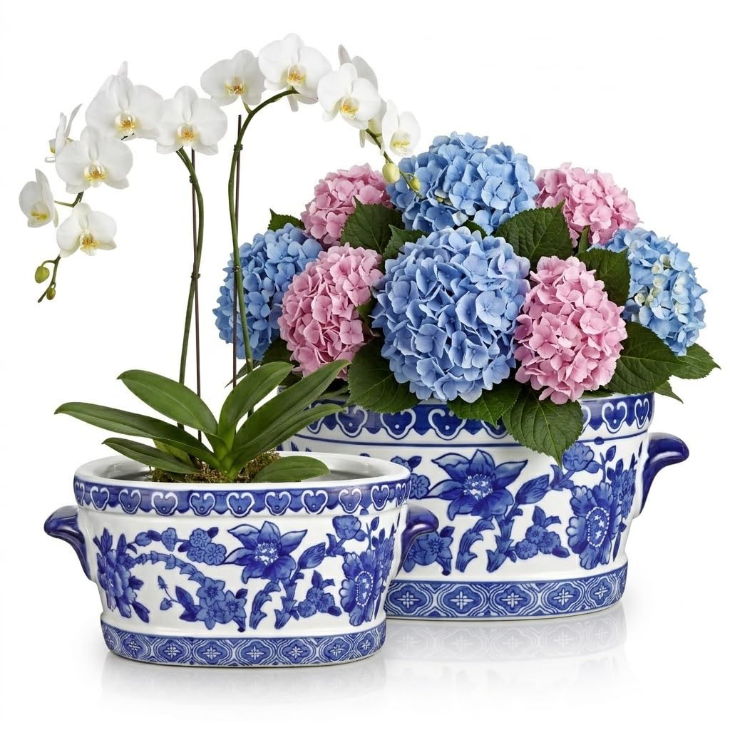 Blue Floral Oval Ceramic Cachepot, 10.6 in