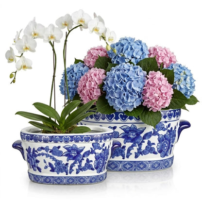Blue Floral Oval Ceramic Cachepot, 10.6 in