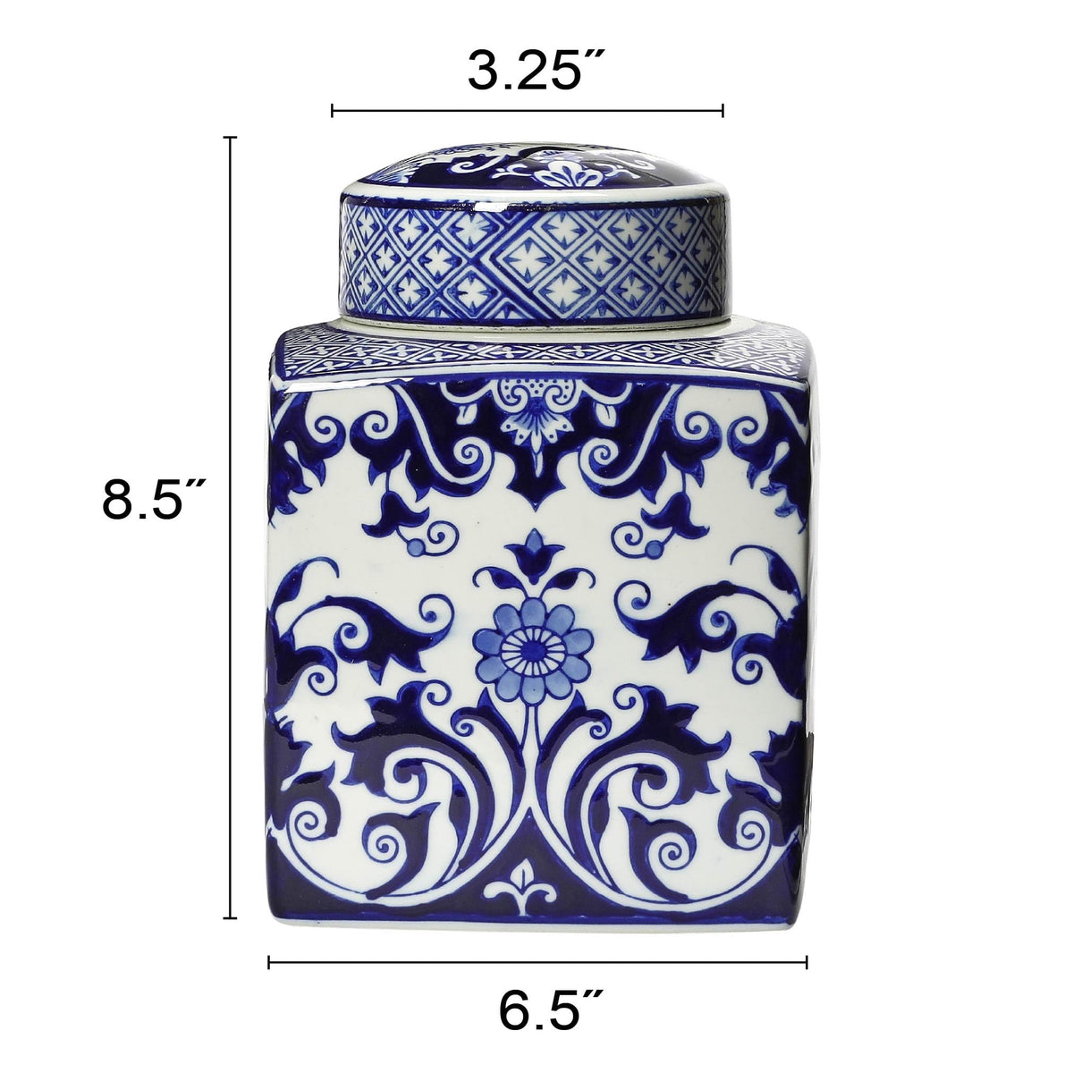 Square Ceramic Ginger Jar with Lid, Blue and White