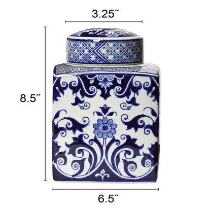 Square Ceramic Ginger Jar with Lid, Blue and White