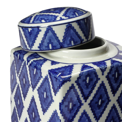Square Ceramic Ginger Jar with Lid, Blue and White