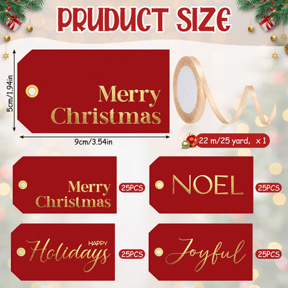 Christmas Gift Tags with Ribbon, 100 Pack, Blue and Silver