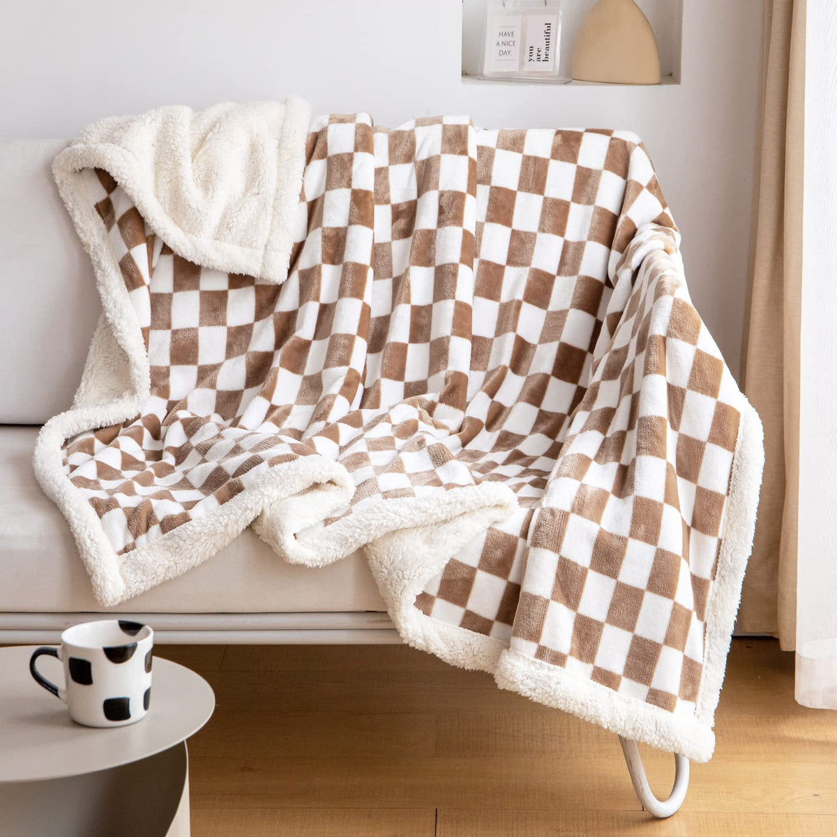 Navy Checkered Sherpa Throw Blanket