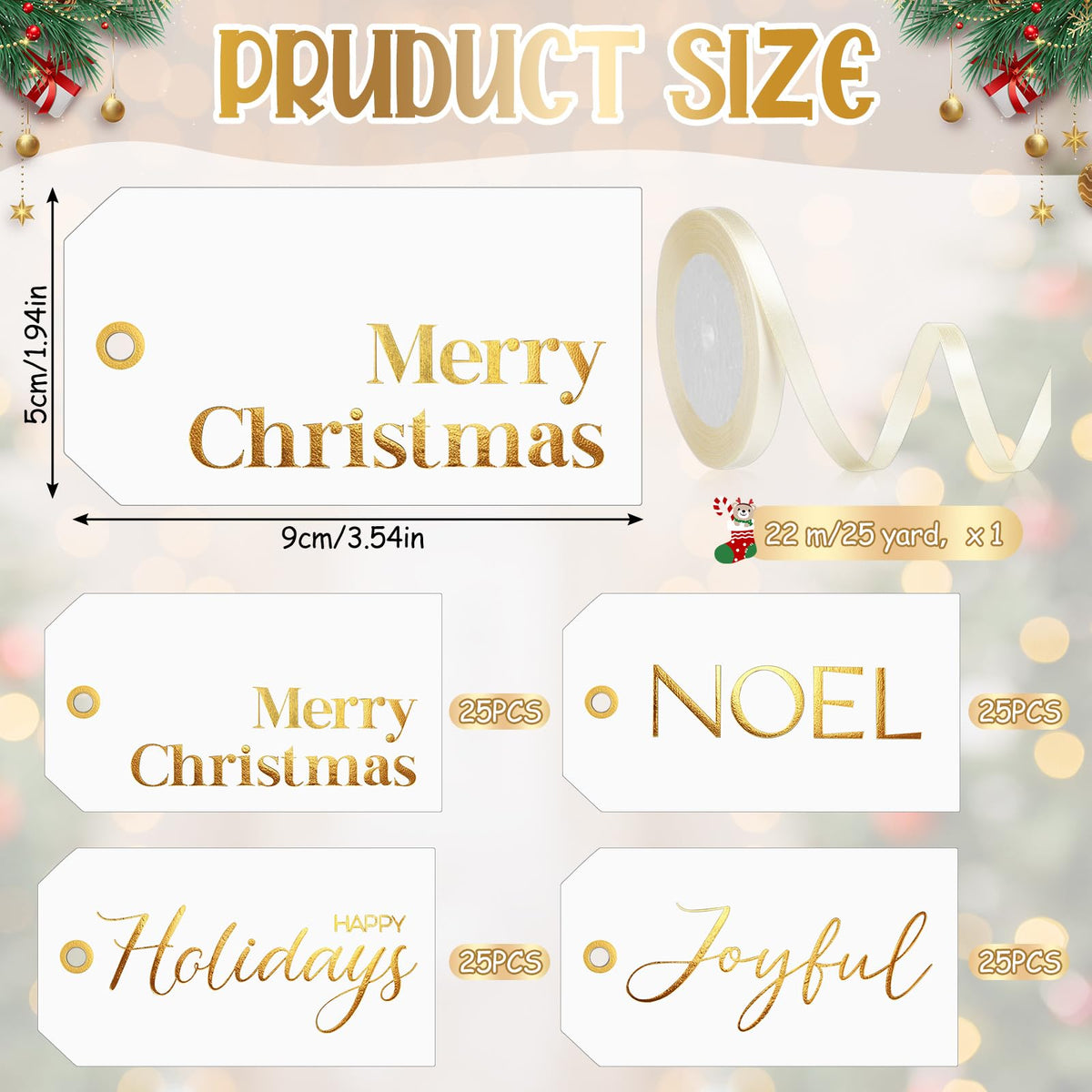 Christmas Gift Tags with Ribbon, 100 Pack, Blue and Silver