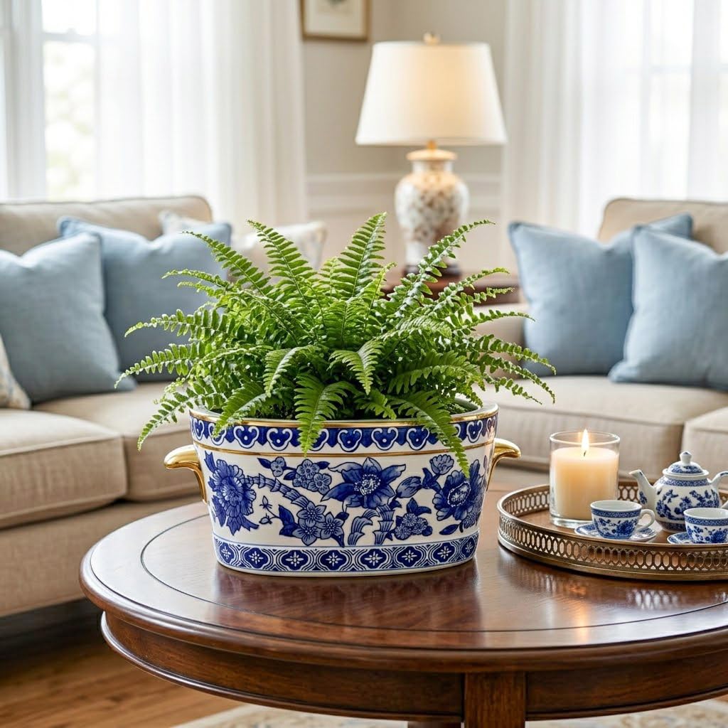 Blue Floral Oval Ceramic Cachepot, 10.6 in