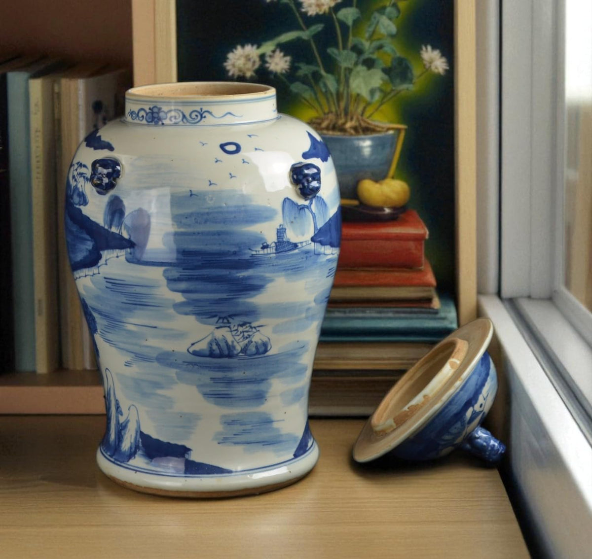 Blue and White Lotus Ginger Jar, 19 Inch