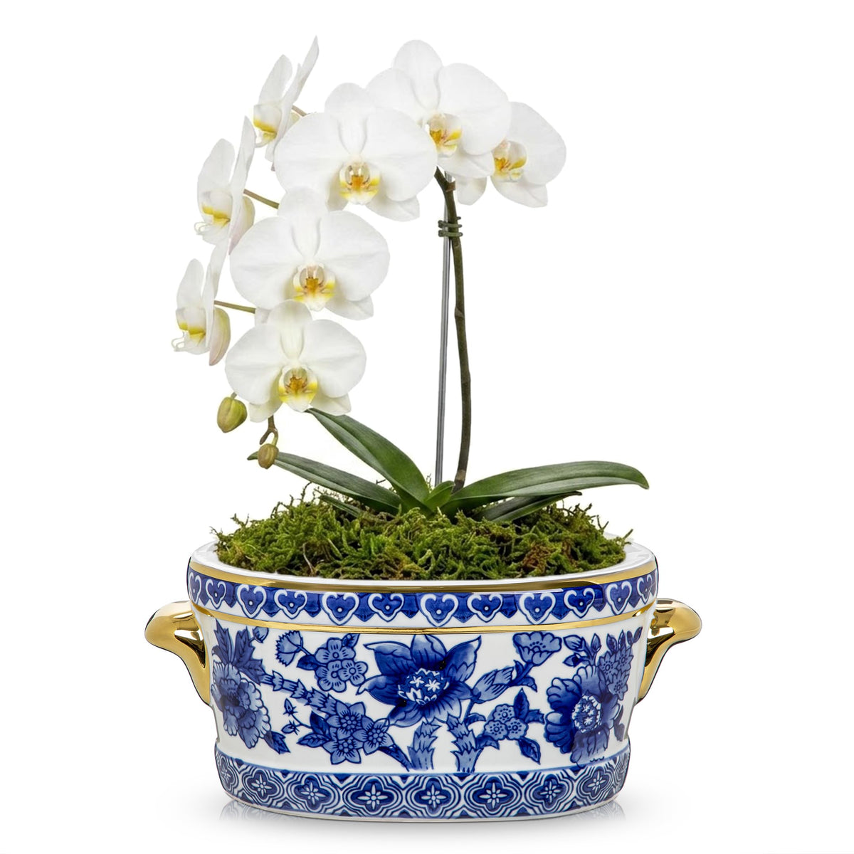 Blue Floral Oval Ceramic Cachepot, 10.6 in