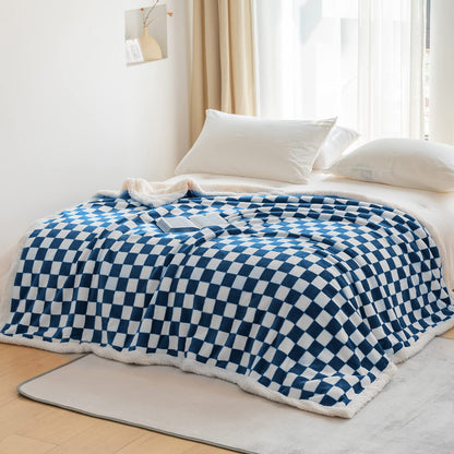 Navy Checkered Sherpa Throw Blanket