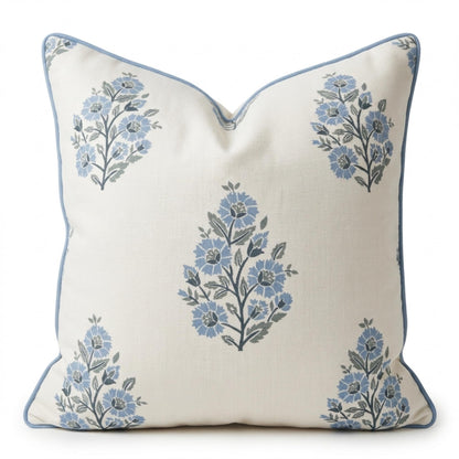 Camille Blue Floral Block Print Pillow Cover