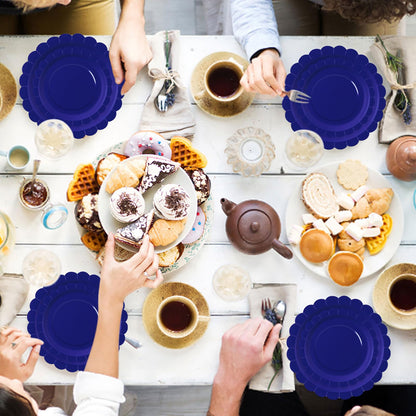 White Scalloped Paper Plates, Royal Blue Trim, 50 Pack