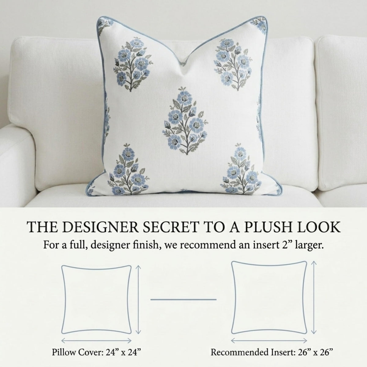 Camille Blue Floral Block Print Pillow Cover