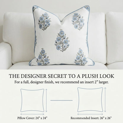 Camille Blue Floral Block Print Pillow Cover