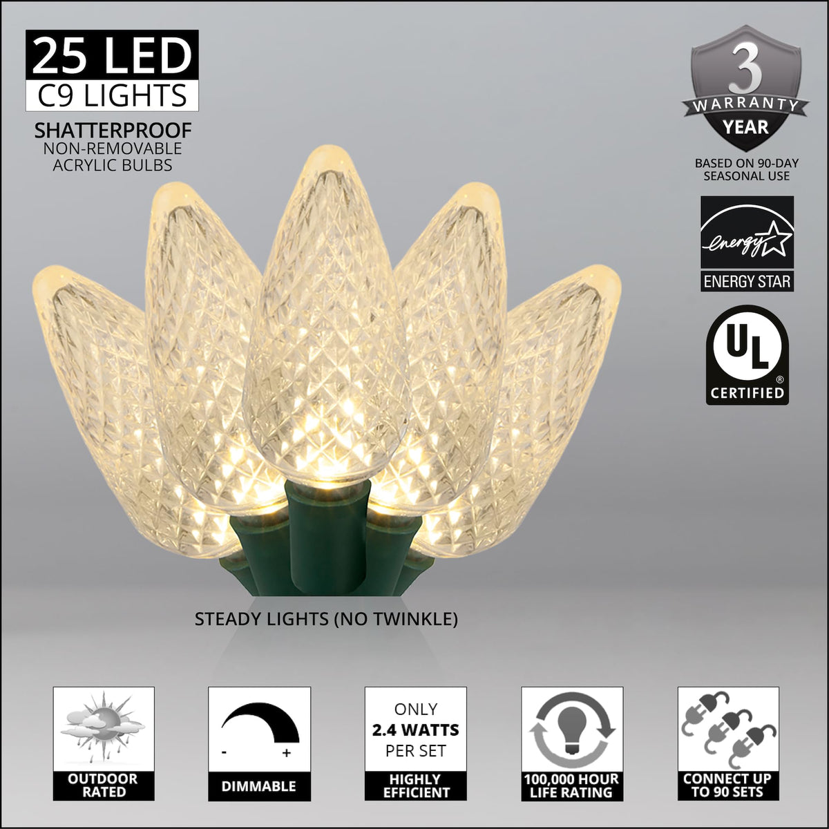 Blue C9 LED Christmas Light Set, 25 Bulbs