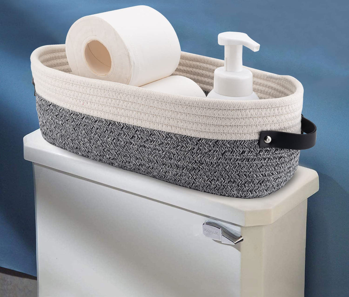 Woven Cotton Rope Toilet Tank Basket, Navy and White