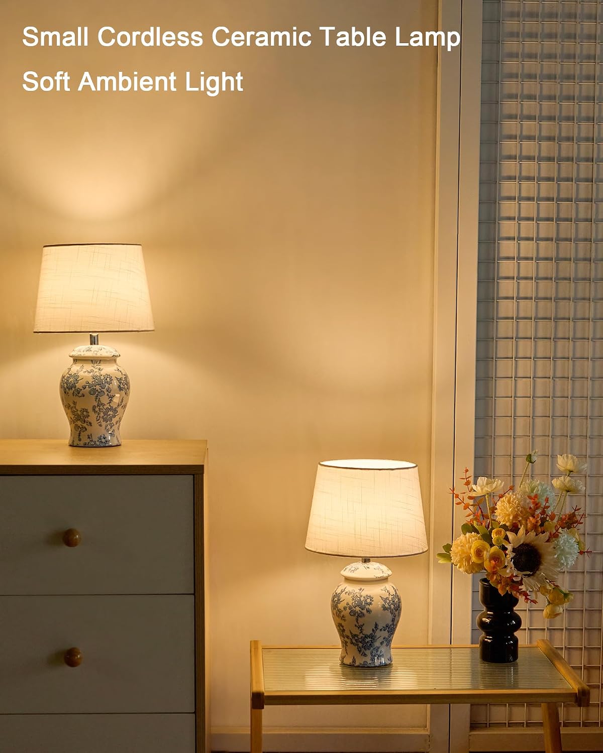 Cordless Ceramic Table Lamp, 13.6 Inch
