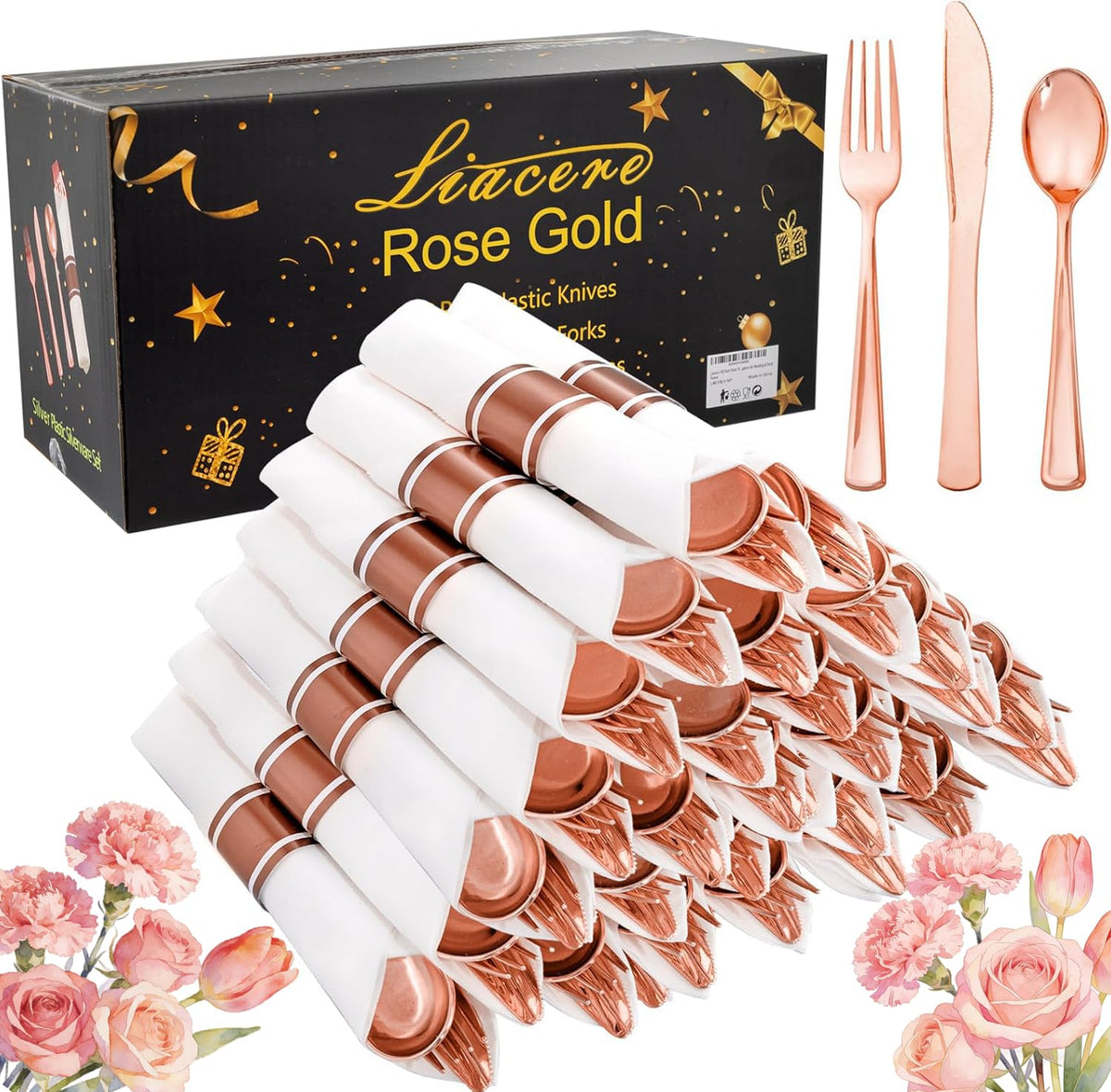 Pre-Rolled Blue Plastic Cutlery with Napkins, 100 Pack