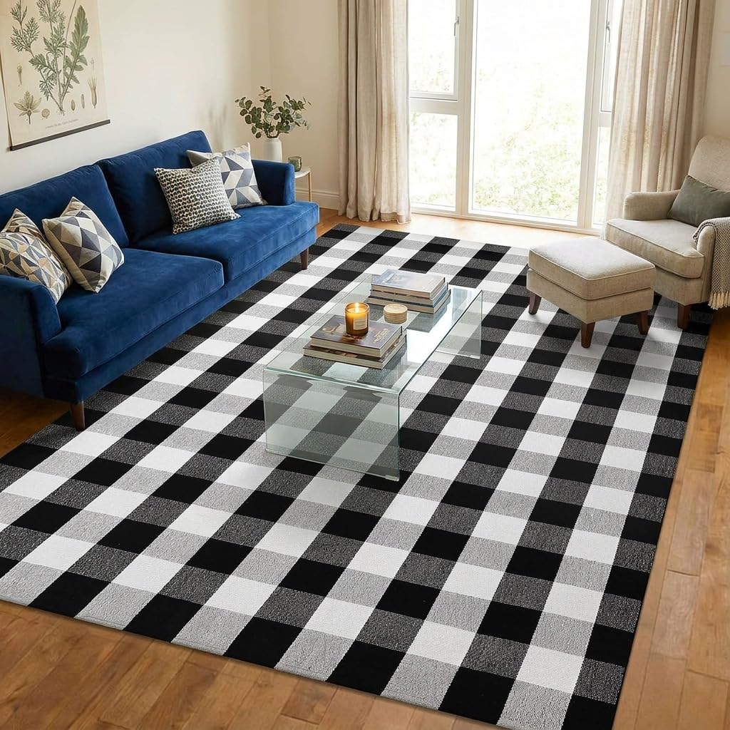MUBIN Blue White Plaid Cotton Rug, 27.5x43