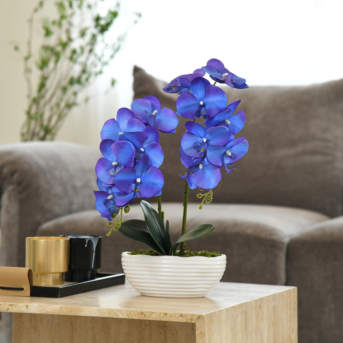 Faux Orchid in Navy Ribbed Ceramic Pot