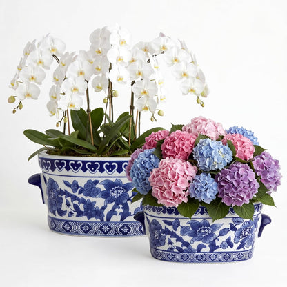 Blue and White Oval Chinoiserie Planters, Set of 2