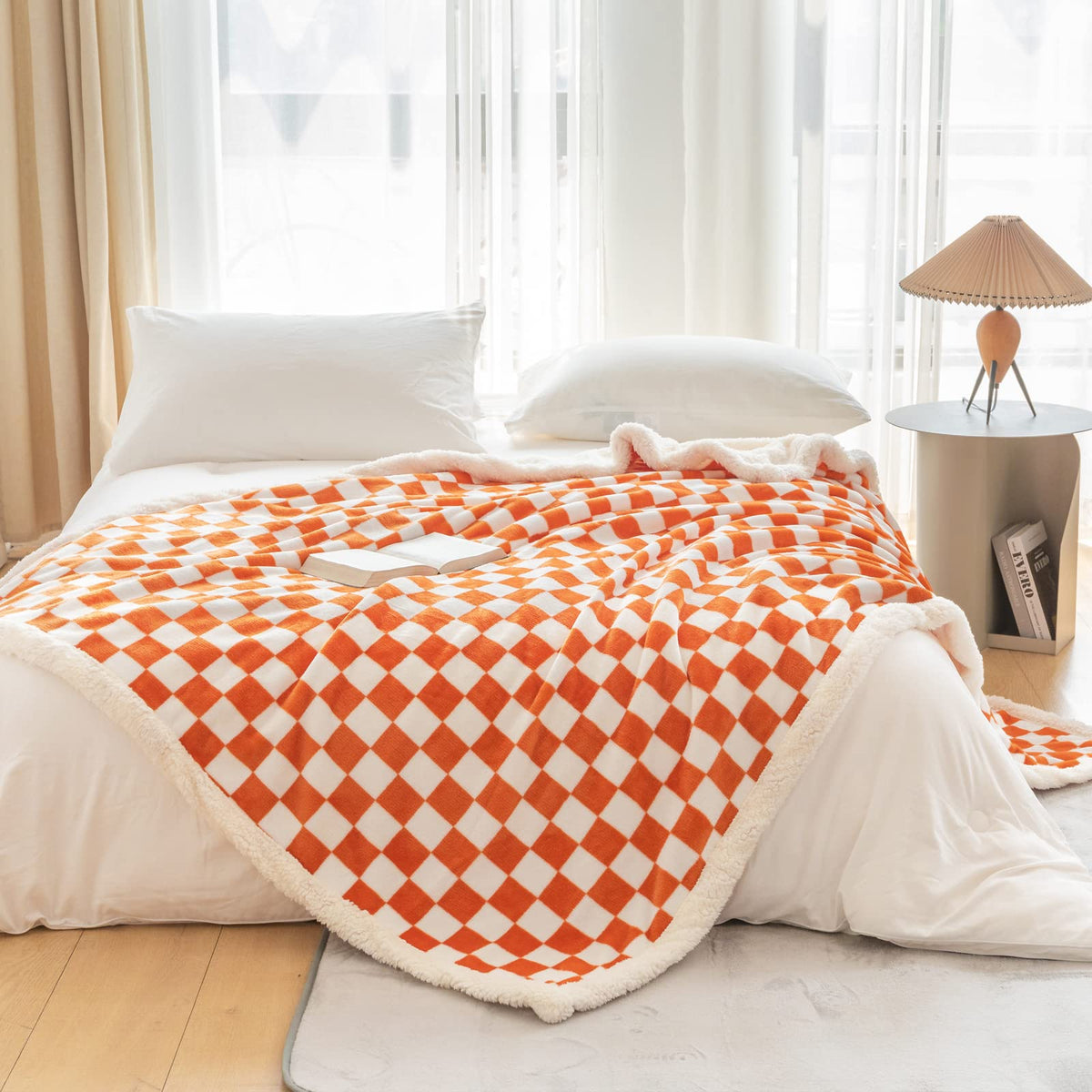 Navy Checkered Sherpa Throw Blanket