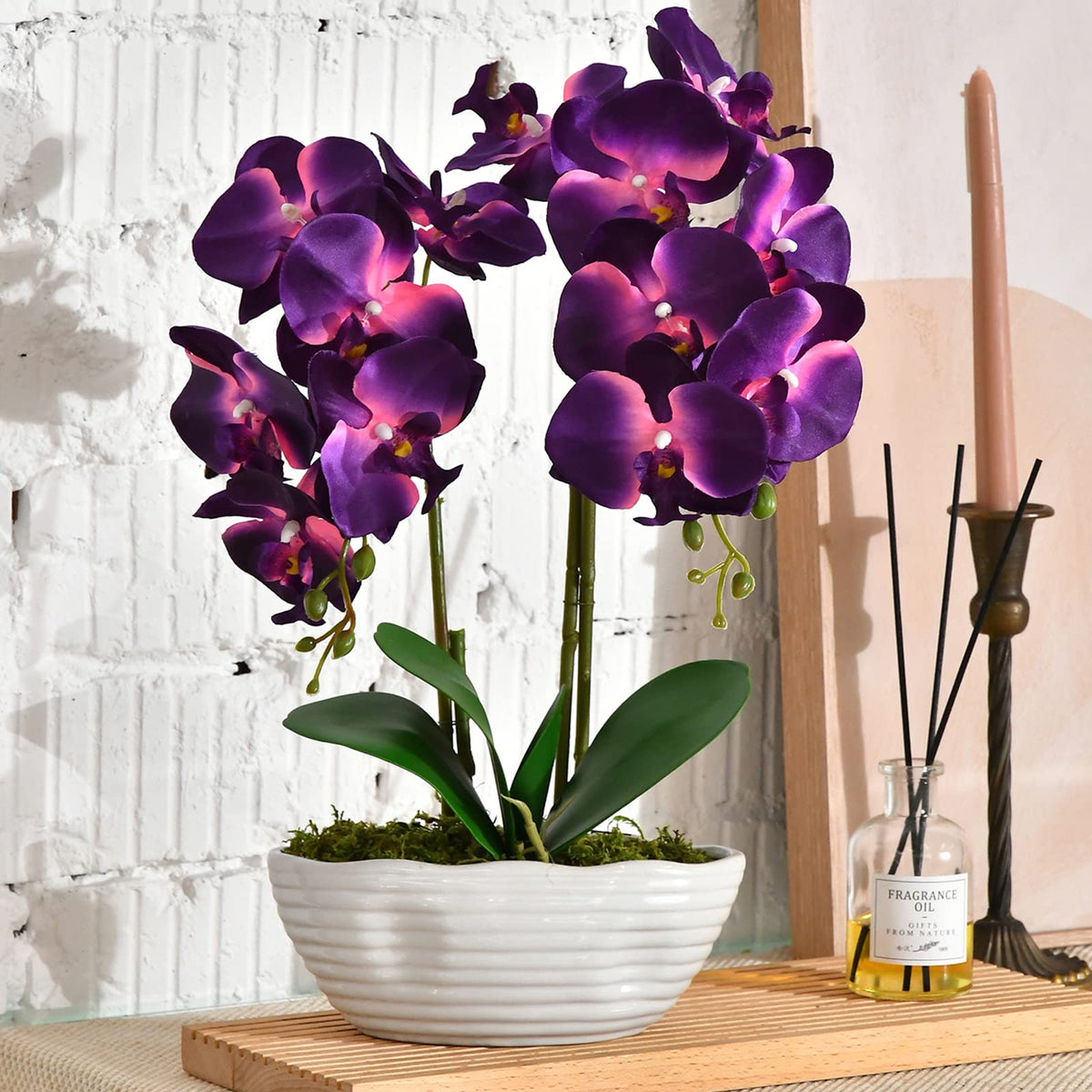Faux Orchid in Navy Ribbed Ceramic Pot